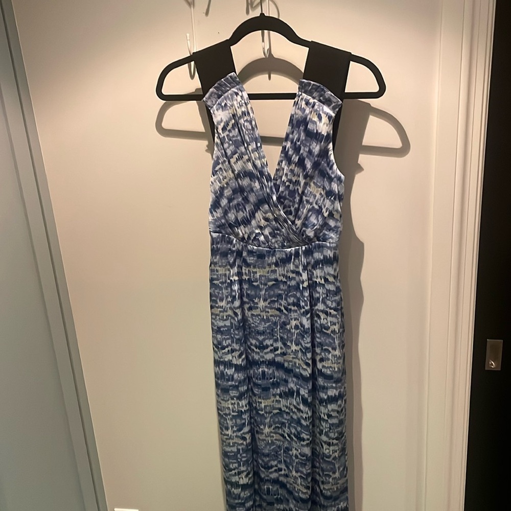 BCBGeneration floor length patterned blue dress.